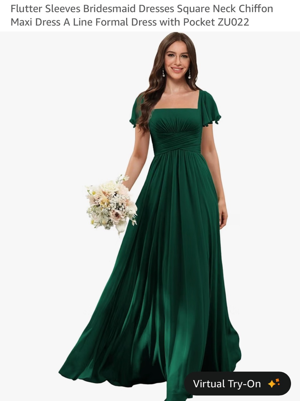 Flutter Sleeve Square Neck Maxi Dress in Emerald Green